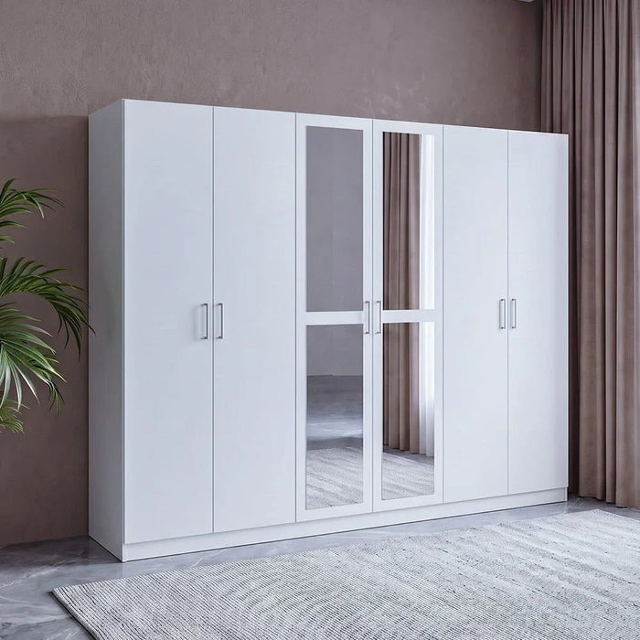 Supreme 6-Door Wardrobe with Mirror-White-With 2-Year Warranty