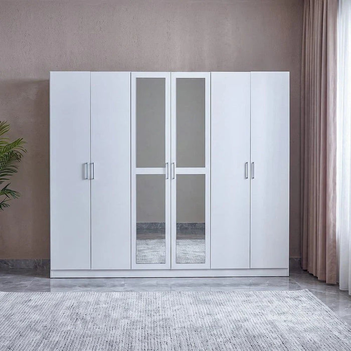 Supreme 6-Door Wardrobe with Mirror-White-With 2-Year Warranty