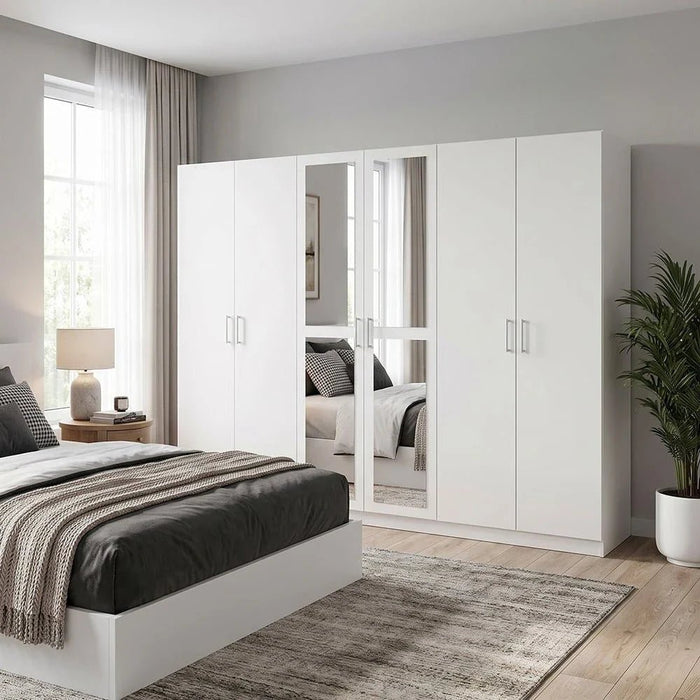 Supreme 6-Door Wardrobe with Mirror-White-With 2-Year Warranty