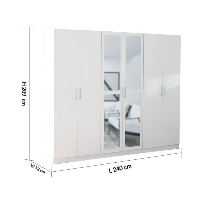 Supreme 6-Door Wardrobe with Mirror-White-With 2-Year Warranty