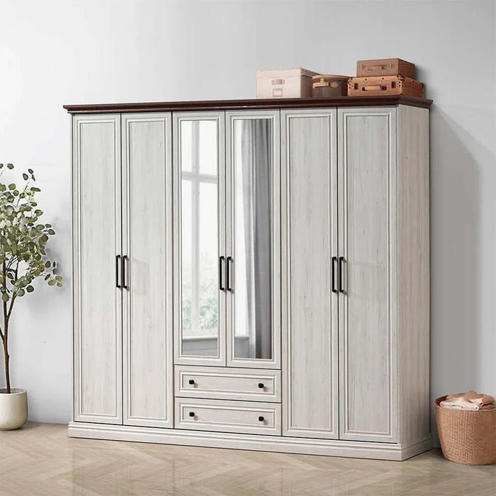 Pioneer 6-Door Wardrobe with 2 Drawers & Mirrors-White Oak + Brown-With 2-Year Warranty
