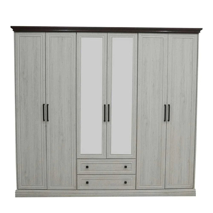 Pioneer 6-Door Wardrobe with 2 Drawers & Mirrors-White Oak + Brown-With 2-Year Warranty