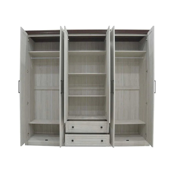 Pioneer 6-Door Wardrobe with 2 Drawers & Mirrors-White Oak + Brown-With 2-Year Warranty