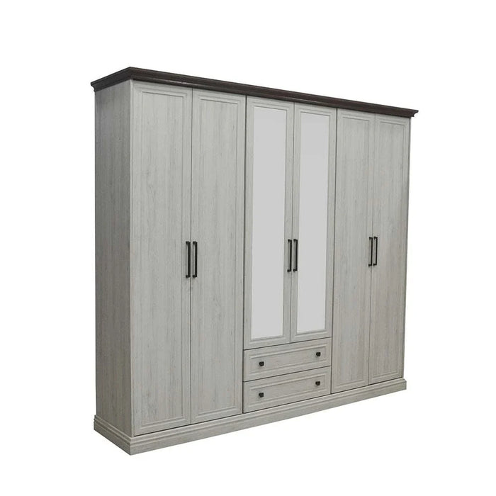Pioneer 6-Door Wardrobe with 2 Drawers & Mirrors-White Oak + Brown-With 2-Year Warranty