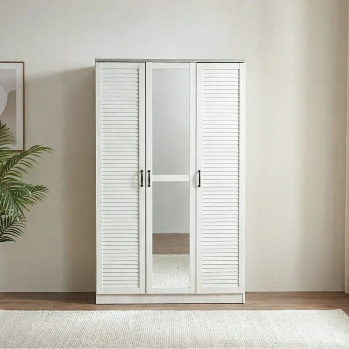 Zenith 3-Door Wardrobe with Drawers & Mirror-White Oak/Cement-With 2-Year Warranty
