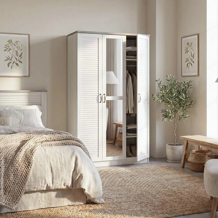 Zenith 3-Door Wardrobe with Drawers & Mirror-White Oak/Cement-With 2-Year Warranty