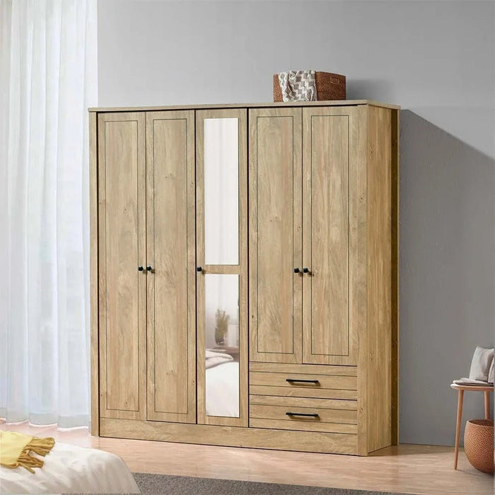 Athens 5-Door Wardrobe with Drawers & Mirror-Light Oak-With 2-Year Warranty