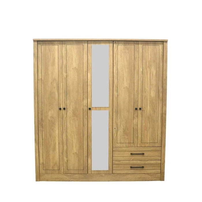 Athens 5-Door Wardrobe with Drawers & Mirror-Light Oak-With 2-Year Warranty