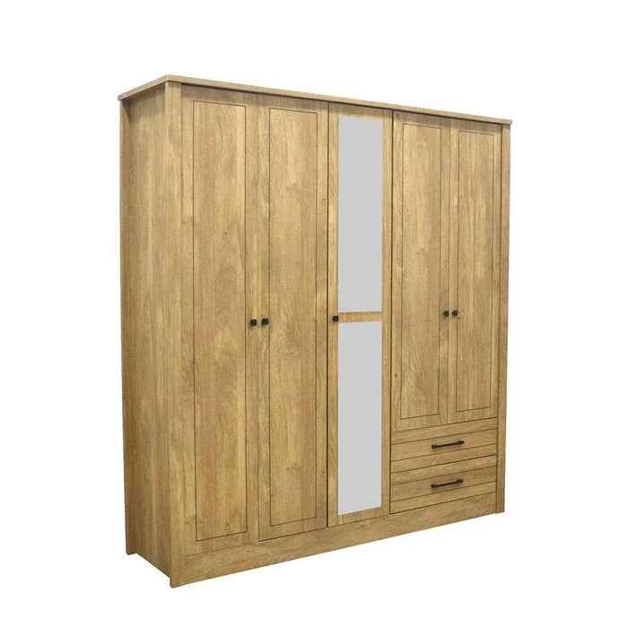 Athens 5-Door Wardrobe with Drawers & Mirror-Light Oak-With 2-Year Warranty