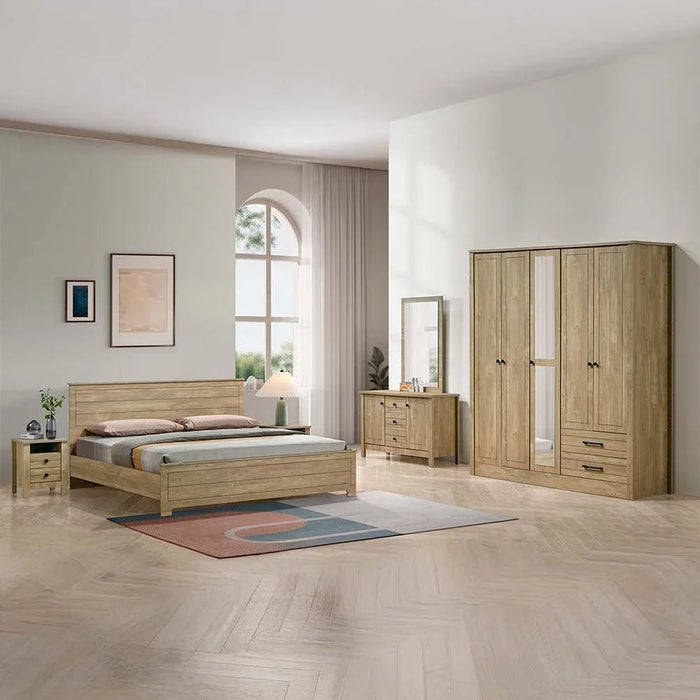 Athens 5-Door Wardrobe with Drawers & Mirror-Light Oak-With 2-Year Warranty
