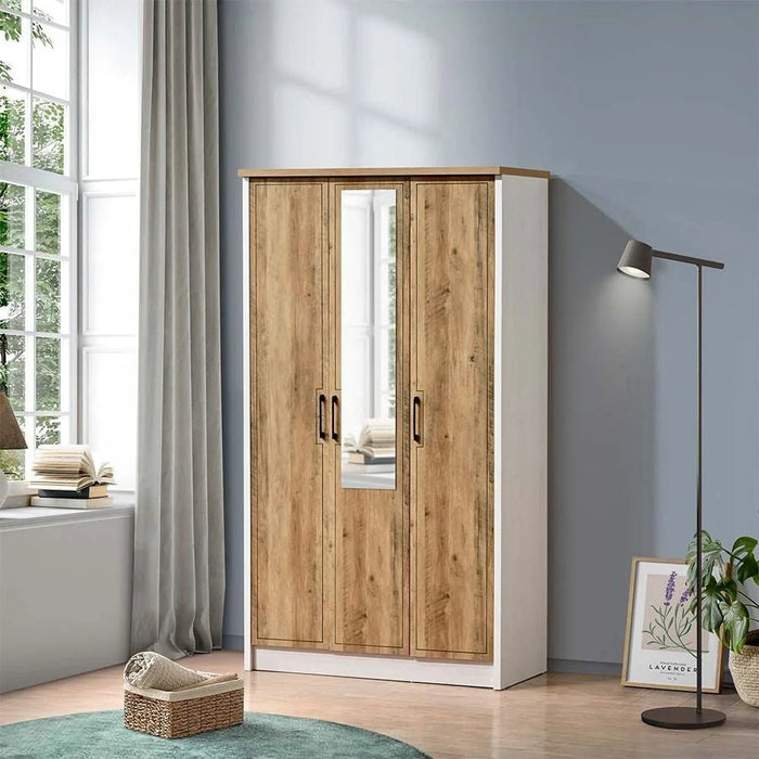 Swann 3-Door Wardrobe with Mirror-Summer Oak/Pearl White-With 2-Year Warranty