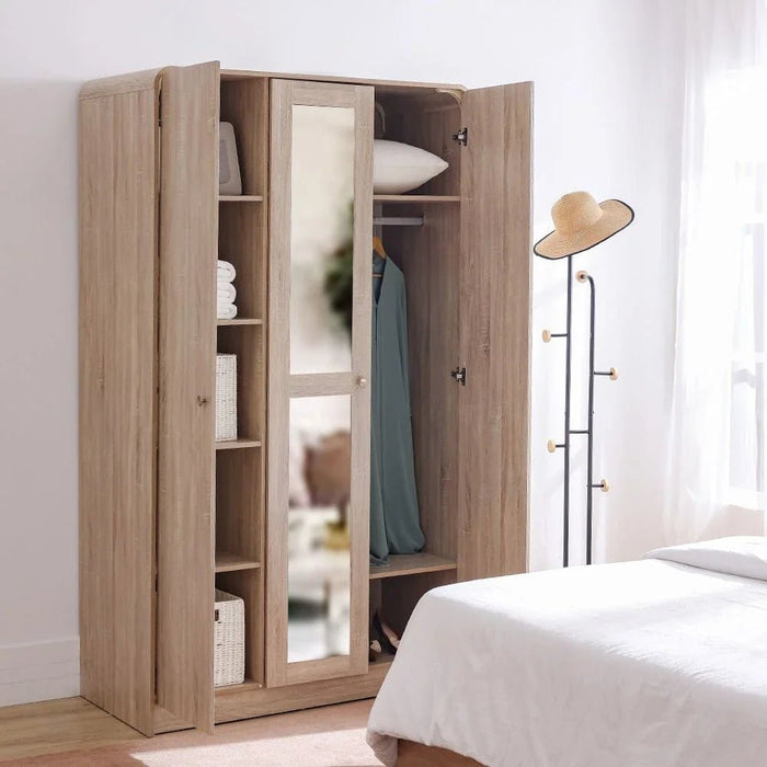 Monro 3-Door Wardrobe with Mirror - Natural Oak - With 2-Year Warranty
