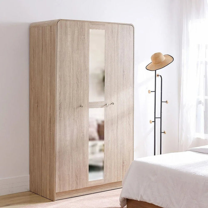 Monro 3-Door Wardrobe with Mirror - Natural Oak - With 2-Year Warranty