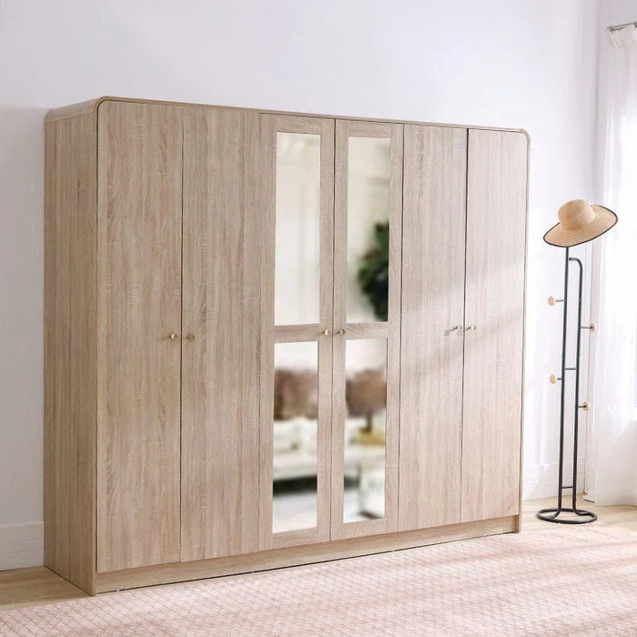 Monro 6-Door Wardrobe with Mirrors - Natural Oak - With 2-Year Warranty