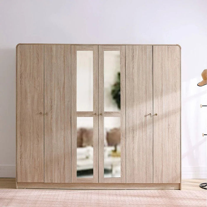 Monro 6-Door Wardrobe with Mirrors - Natural Oak - With 2-Year Warranty