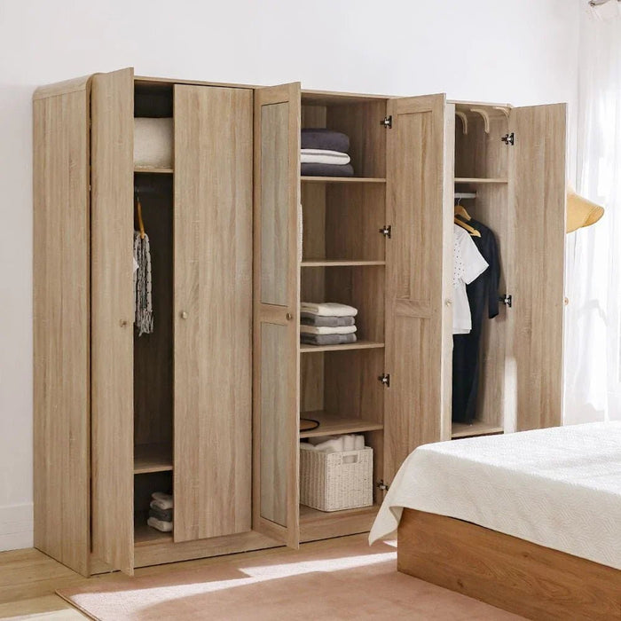 Monro 6-Door Wardrobe with Mirrors - Natural Oak - With 2-Year Warranty
