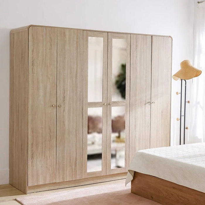 Monro 6-Door Wardrobe with Mirrors - Natural Oak - With 2-Year Warranty