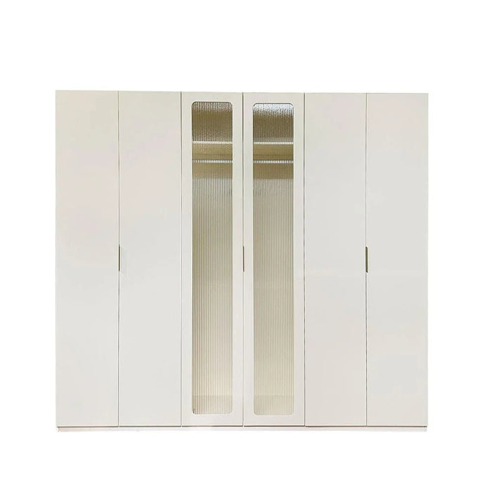 Orion 6-Door Wardrobe with 2 Fluted Glass Doors & LED - Beige/Brushed Gold - With 2-Year Warranty