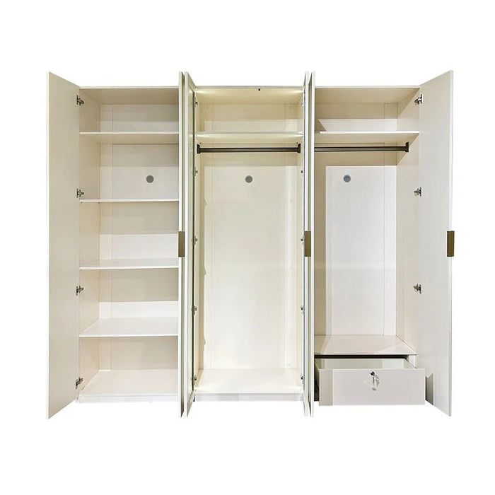 Orion 6-Door Wardrobe with 2 Fluted Glass Doors & LED - Beige/Brushed Gold - With 2-Year Warranty