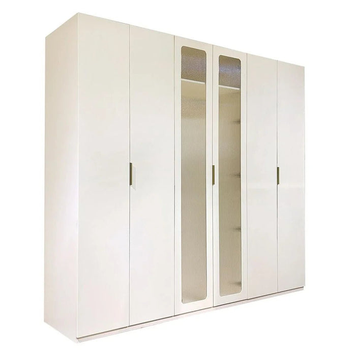 Orion 6-Door Wardrobe with 2 Fluted Glass Doors & LED - Beige/Brushed Gold - With 2-Year Warranty