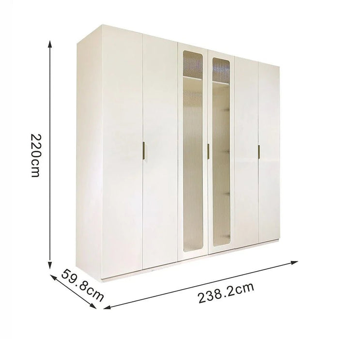 Orion 6-Door Wardrobe with 2 Fluted Glass Doors & LED - Beige/Brushed Gold - With 2-Year Warranty