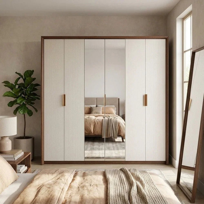 Terakkai 6 Door Wardrobe With 2 Mirror-Walnut/Beige/Bronze