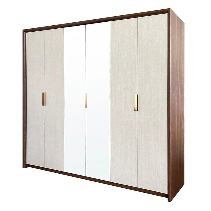 Terakkai 6 Door Wardrobe With 2 Mirror-Walnut/Beige/Bronze