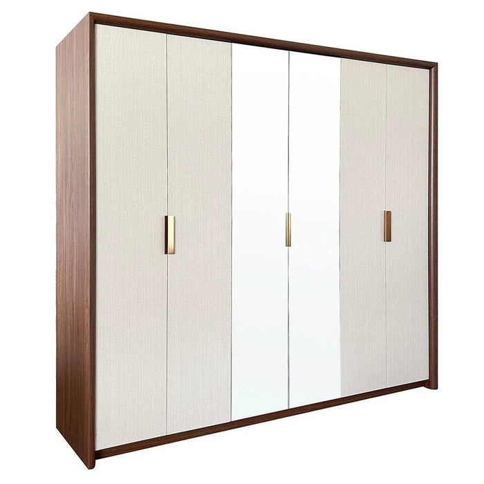 Terakkai 6 Door Wardrobe With 2 Mirror-Walnut/Beige/Bronze
