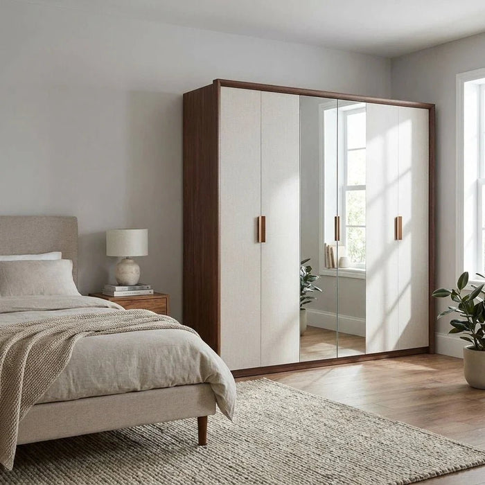 Terakkai 6 Door Wardrobe With 2 Mirror-Walnut/Beige/Bronze