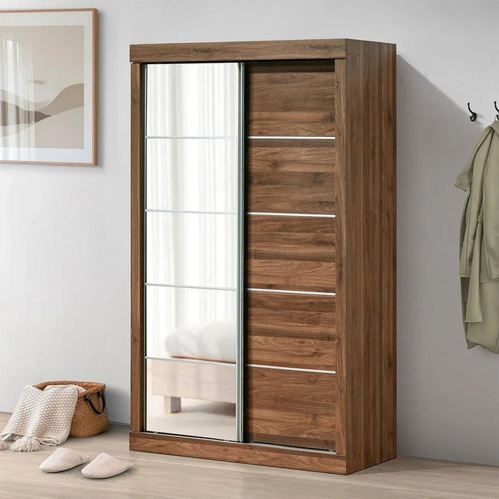 Supreme 2-Door Compact Sliding Door Wardrobe with Mirrors - Light Walnut - With 2-Year Warranty