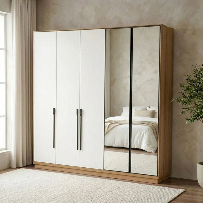 Amara 5 Door Wardrobe With 2 Glass - Oak/White
