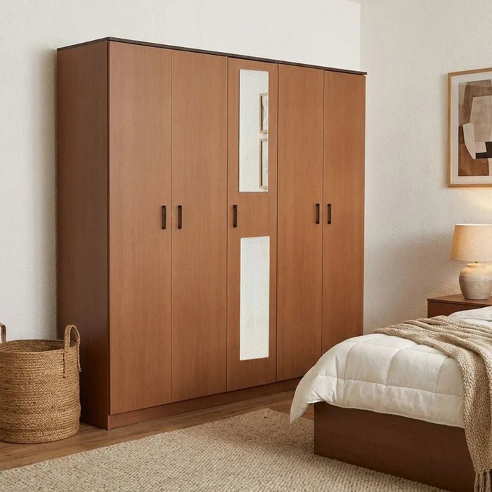Pera 5 Door Wardrobe With Mirror Walnut/Black Marble