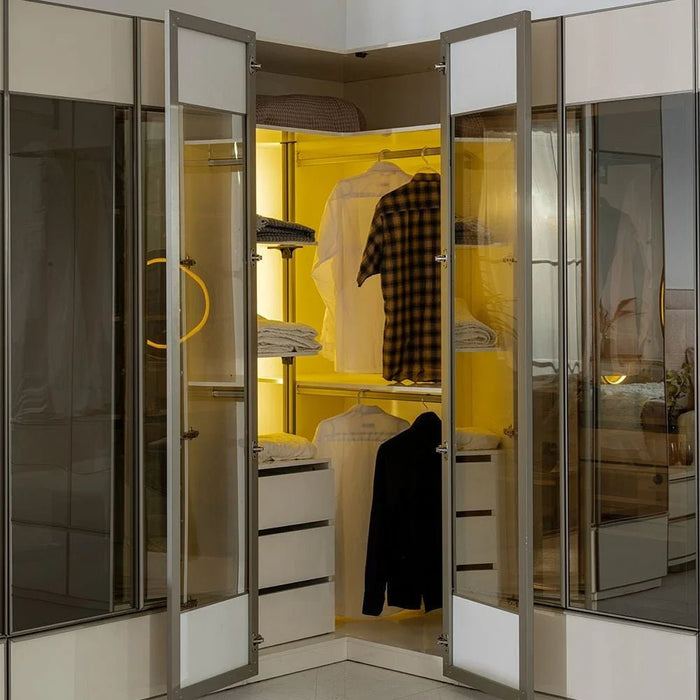 Paris Corner Wardrobe With Led & 3 Drawers - Beige