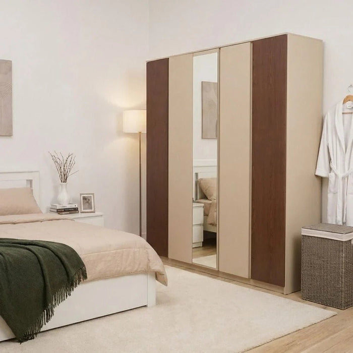 Bellano 5 Door Wardrobe With Mirror - Taupe/Wenge