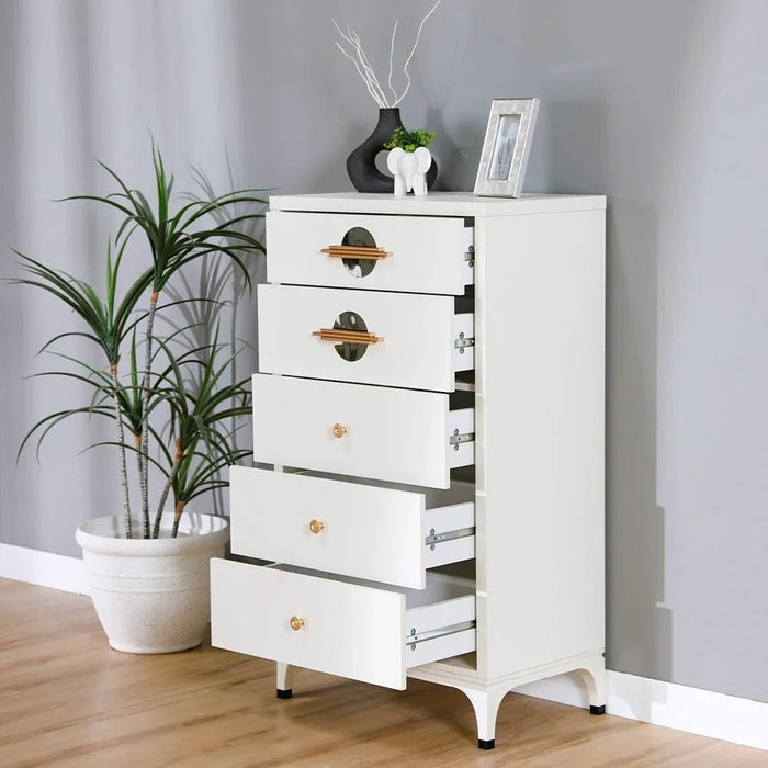 New Aloha Chest of 5 Drawers-White/Golden-With 2-Year Warranty