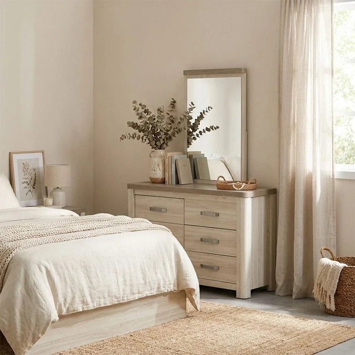 Olivos 6-Drawer Dresser with Mirror - Ash Grey/Oak - With 2-Year Warranty