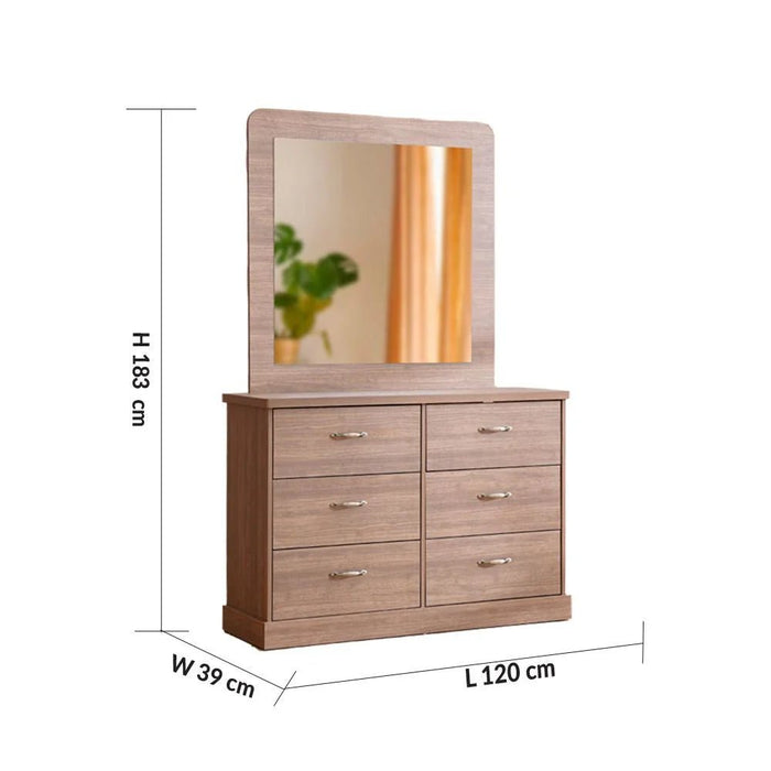 Zirco 6-Drawer Dresser with Mirror-Brown Oak-With 2-Year Warranty