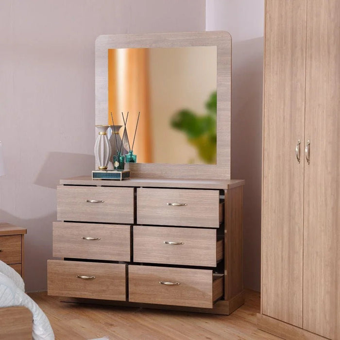 Zirco 6-Drawer Dresser with Mirror-Brown Oak-With 2-Year Warranty