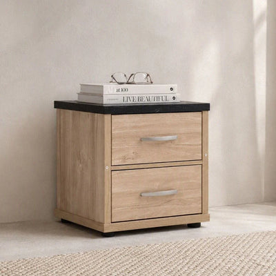 Bolivar 2-Drawer Night Stand-Vintage Oak/Black Faux Marble-With 2-Year Warranty