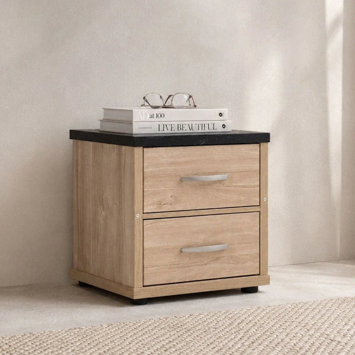 Bolivar 2-Drawer Night Stand-Vintage Oak/Black Faux Marble-With 2-Year Warranty
