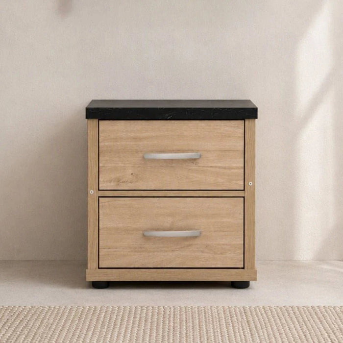 Bolivar 2-Drawer Night Stand-Vintage Oak/Black Faux Marble-With 2-Year Warranty