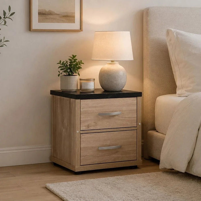 Bolivar 2-Drawer Night Stand-Vintage Oak/Black Faux Marble-With 2-Year Warranty