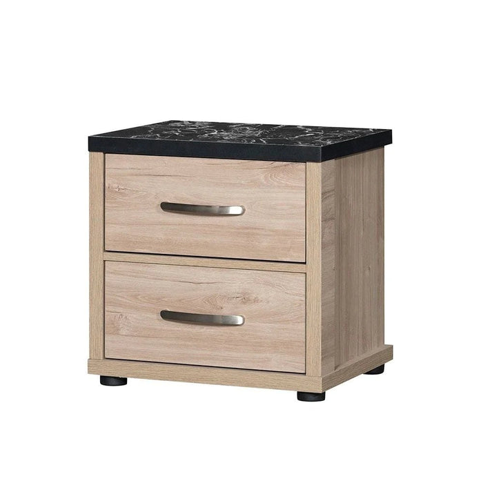 Bolivar 2-Drawer Night Stand-Vintage Oak/Black Faux Marble-With 2-Year Warranty