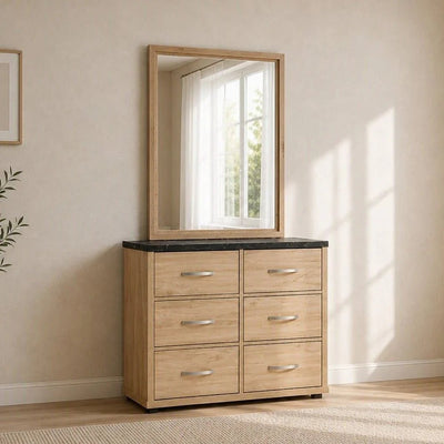 Bolivar 6-Drawer Dresser with Mirror-Vintage Oak/Black Faux Marble-With 2-Year Warranty