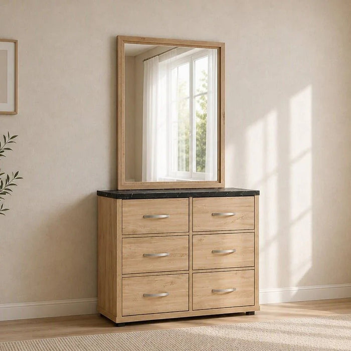 Bolivar 6-Drawer Dresser with Mirror-Vintage Oak/Black Faux Marble-With 2-Year Warranty
