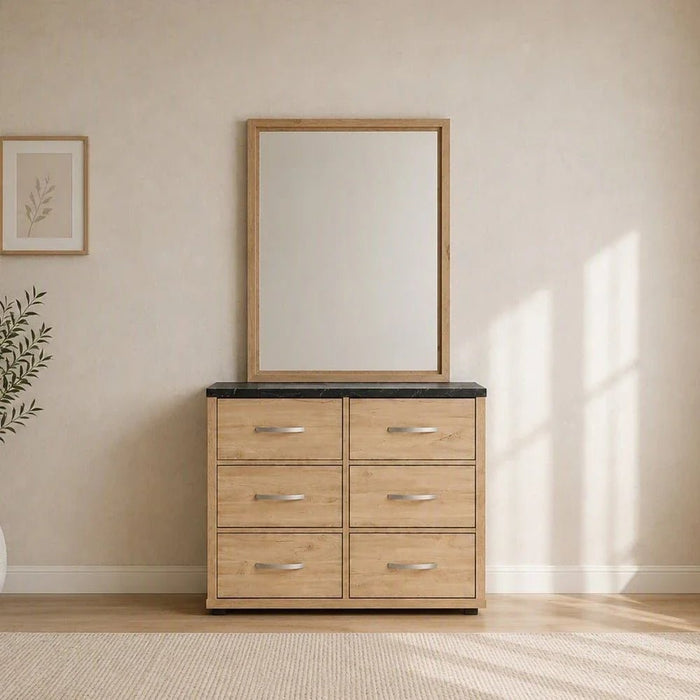 Bolivar 6-Drawer Dresser with Mirror-Vintage Oak/Black Faux Marble-With 2-Year Warranty