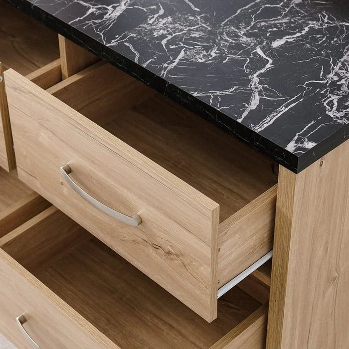 Bolivar 6-Drawer Dresser with Mirror-Vintage Oak/Black Faux Marble-With 2-Year Warranty