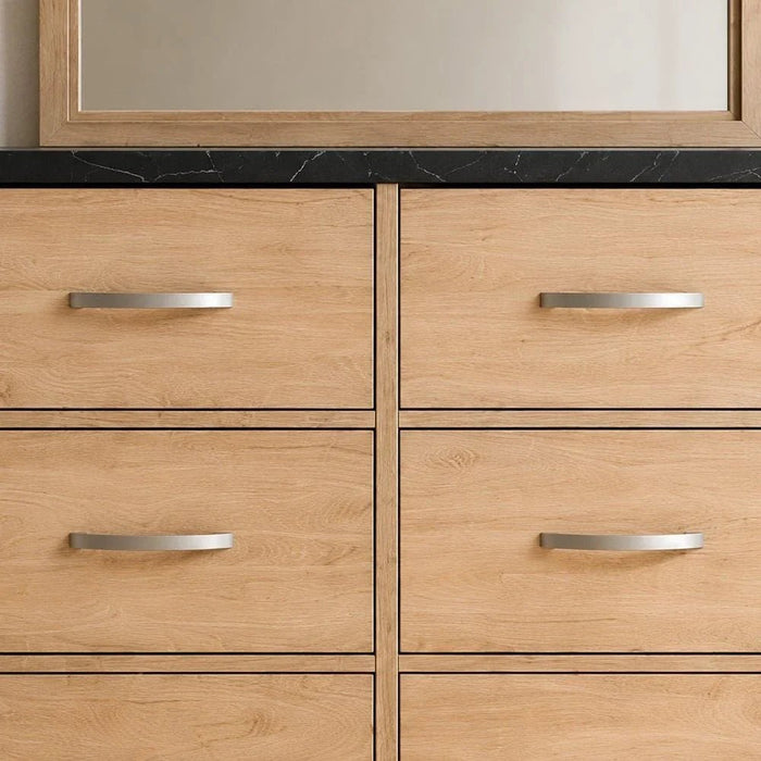 Bolivar 6-Drawer Dresser with Mirror-Vintage Oak/Black Faux Marble-With 2-Year Warranty