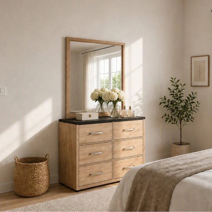 Bolivar 6-Drawer Dresser with Mirror-Vintage Oak/Black Faux Marble-With 2-Year Warranty