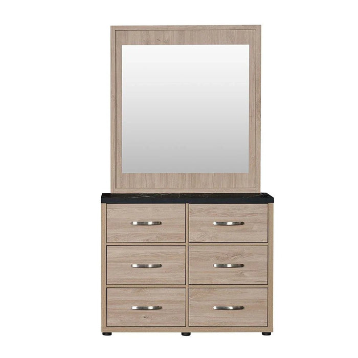 Bolivar 6-Drawer Dresser with Mirror-Vintage Oak/Black Faux Marble-With 2-Year Warranty